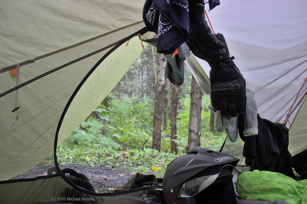 tent in the woods drying gear